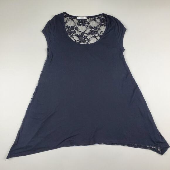 Black Short Sleeve Tee Lace Back Pointed Hem Goth Chic Baby Doll Women's T-Shirt - Picture 1 of 6